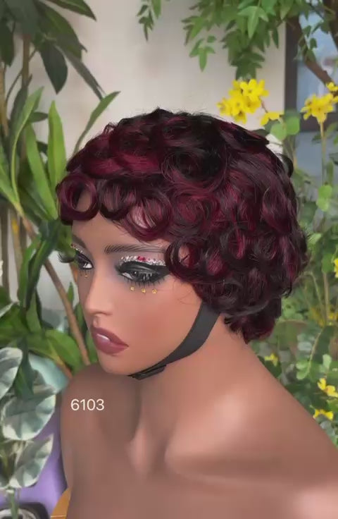 Women's Human Hair Pixie Cut Wig full machine made - Short Layered Curly with Bangs, Natural Black 250% Density