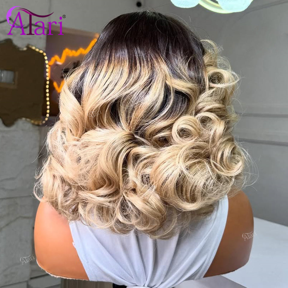 1B Blonde Color Wavy Human Hair Bob Wigs 180 Density 13x4 Full Lace Frontal Body Wave Ombre Blonde Short Bob Wig Pre Plucked