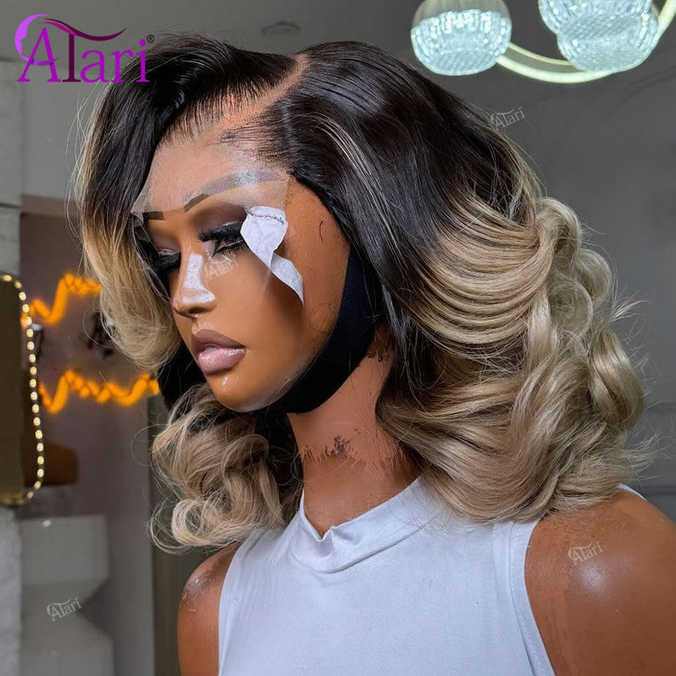 1B Blonde Color Wavy Human Hair Bob Wigs 180 Density 13x4 Full Lace Frontal Body Wave Ombre Blonde Short Bob Wig Pre Plucked