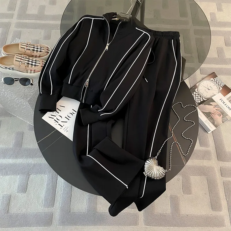Fashionable Street Style Sporty Casual Set Women Spring Autumn Anti-Aging Slimming Open Cardigan Long Sleeve Sweatshirt Wide Leg Pants