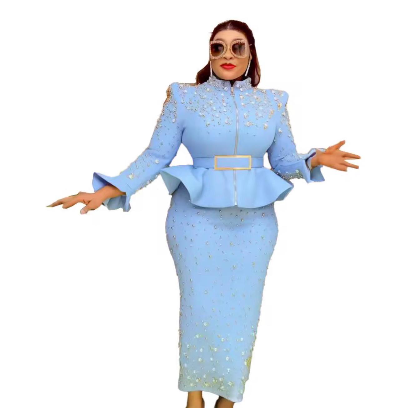 Fashion suit African Dresses For woman rhinestone turkey dresses for women luxury High quality mesh fabric African Beaded Dress