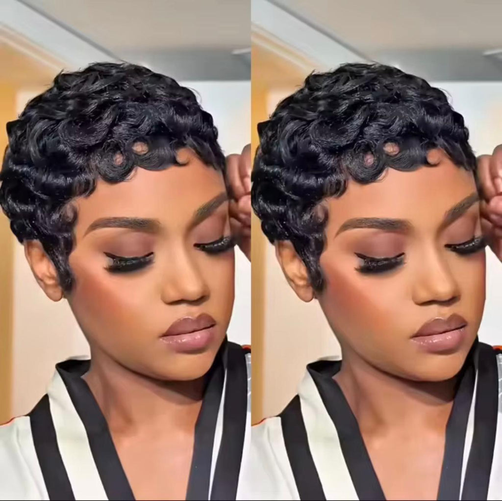 Women's Human Hair Pixie Cut Wig full machine made - Short Layered Curly with Bangs, Natural Black 250% Density