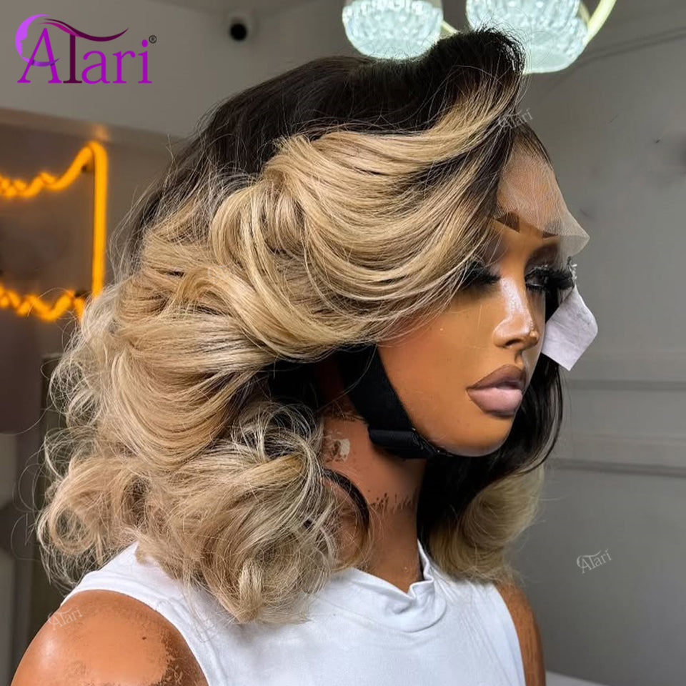 1B Blonde Color Wavy Human Hair Bob Wigs 180 Density 13x4 Full Lace Frontal Body Wave Ombre Blonde Short Bob Wig Pre Plucked
