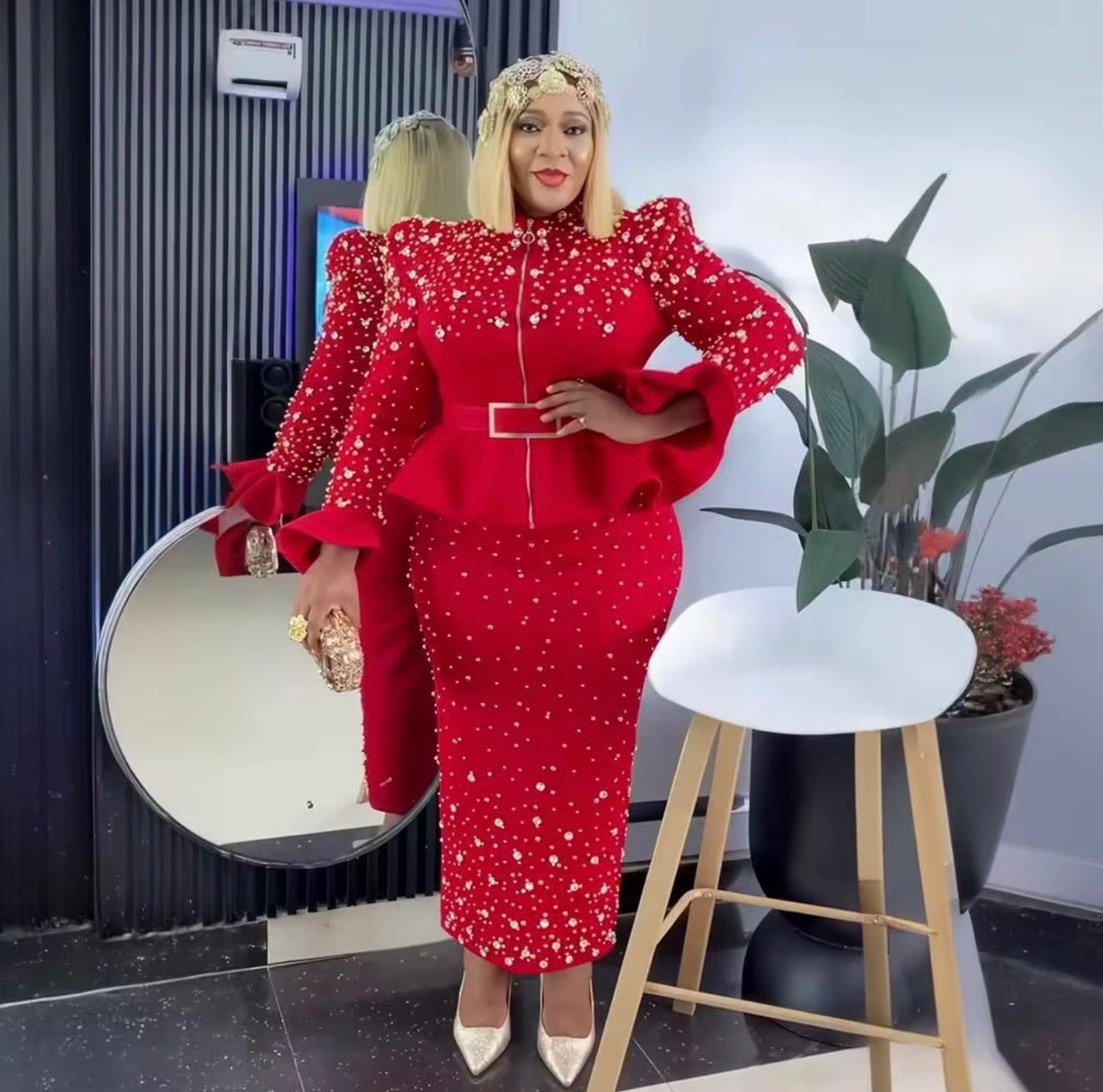 Fashion suit African Dresses For woman rhinestone turkey dresses for women luxury High quality mesh fabric African Beaded Dress