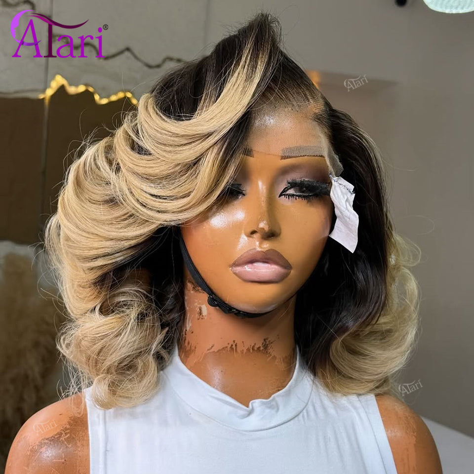 1B Blonde Color Wavy Human Hair Bob Wigs 180 Density 13x4 Full Lace Frontal Body Wave Ombre Blonde Short Bob Wig Pre Plucked