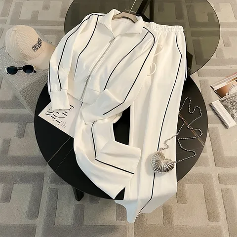 Fashionable Street Style Sporty Casual Set Women Spring Autumn Anti-Aging Slimming Open Cardigan Long Sleeve Sweatshirt Wide Leg Pants